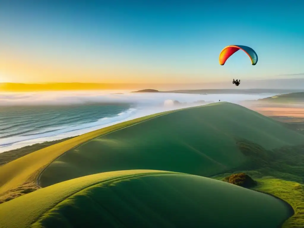 Parapente sostenible en Uruguay: Parapentes sobrevolando la costa al atardecer, creando una escena impresionante