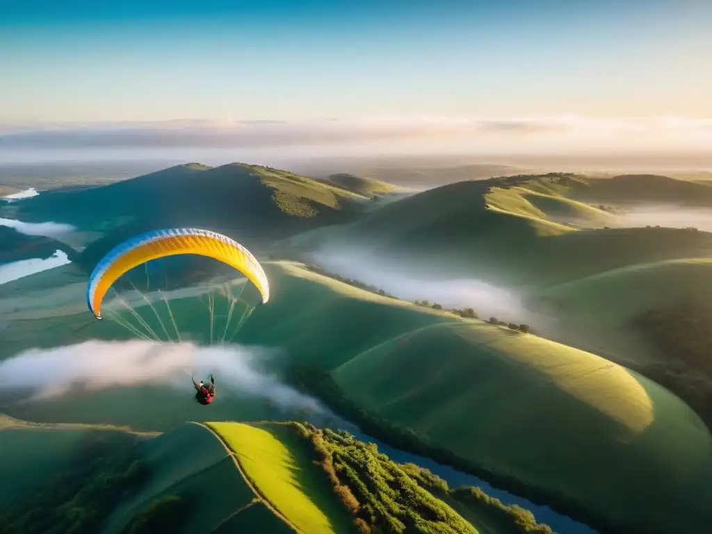 Parapente sostenible en Uruguay: Parapentes en formación sobre paisaje uruguayo al atardecer