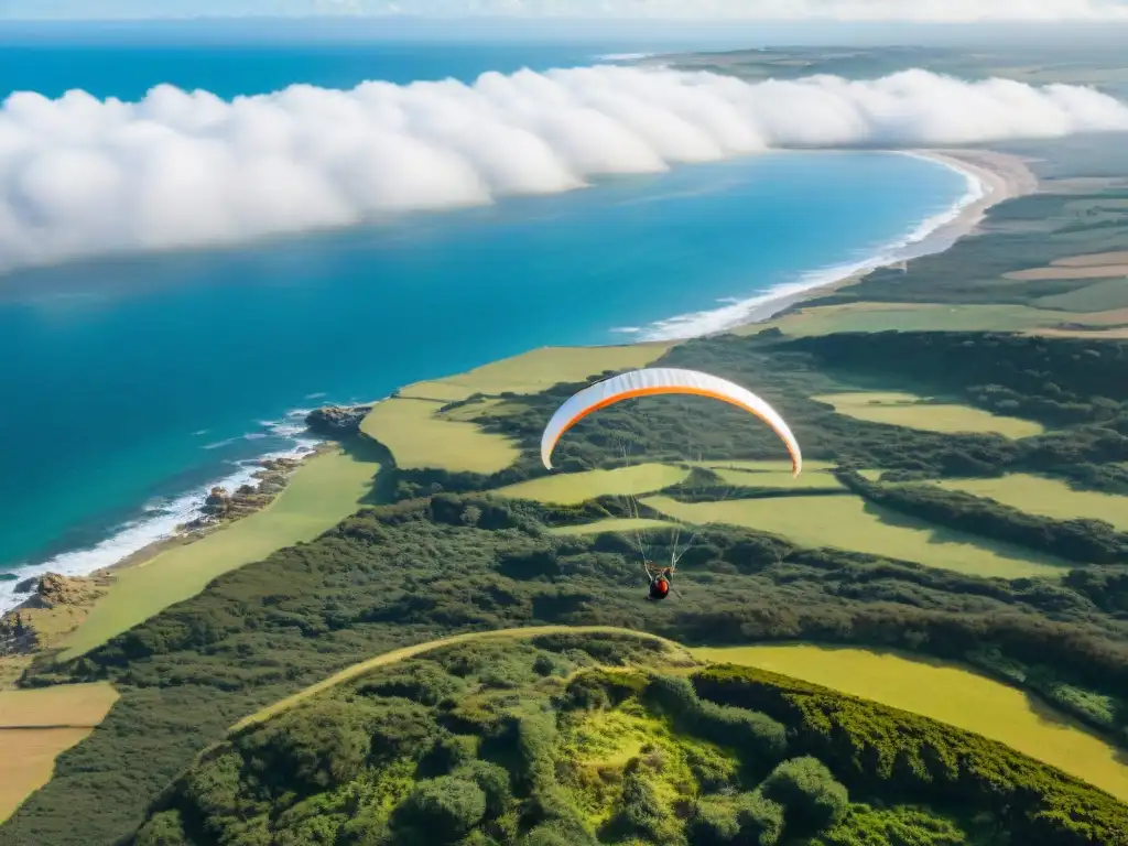 Parapente tándem en Uruguay: Vuelo sobre la costa, piloto y pasajero disfrutan la vista aérea con alegría y emoción