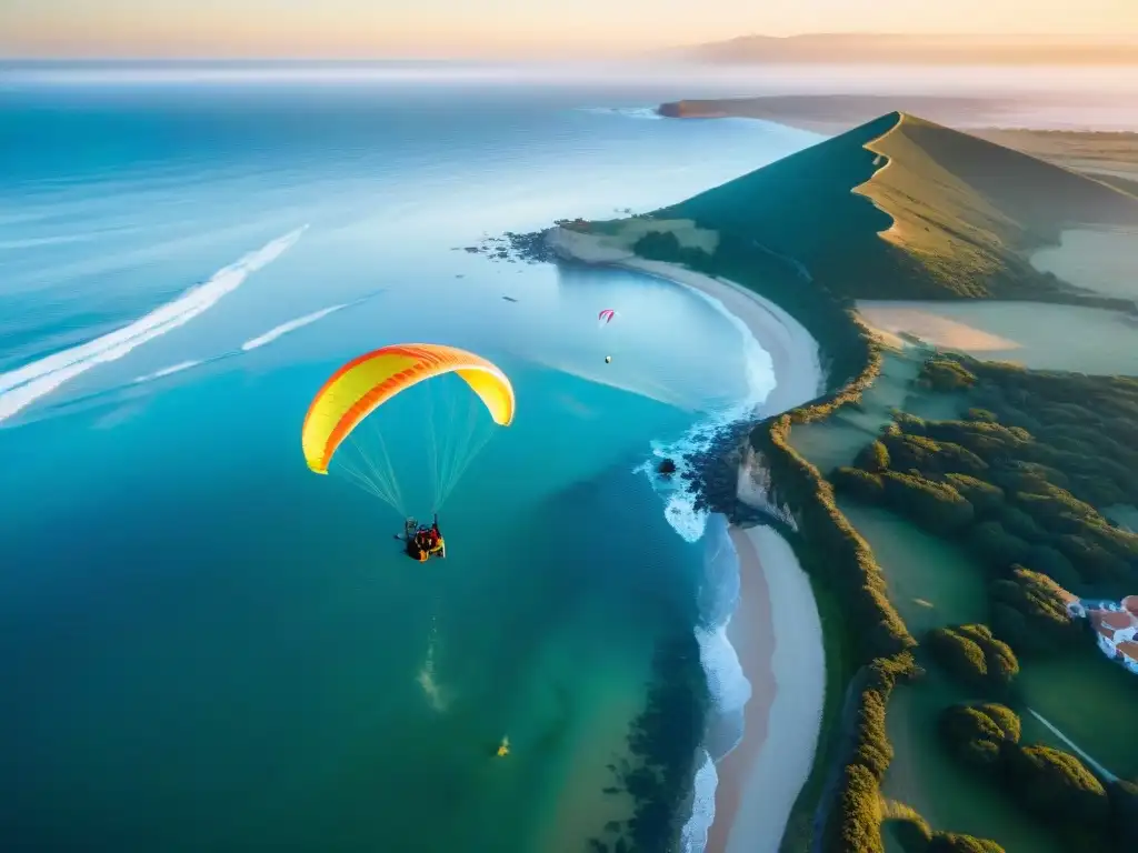 Parapente en Uruguay: tendencias innovadoras en un atardecer dorado con parapentes coloridos en el cielo