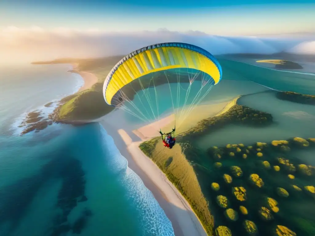 Un parapente en Uruguay tendencias innovadoras sobrevolando la costa, con paisajes verdes y aguas azules, rodeado de gaviotas al atardecer