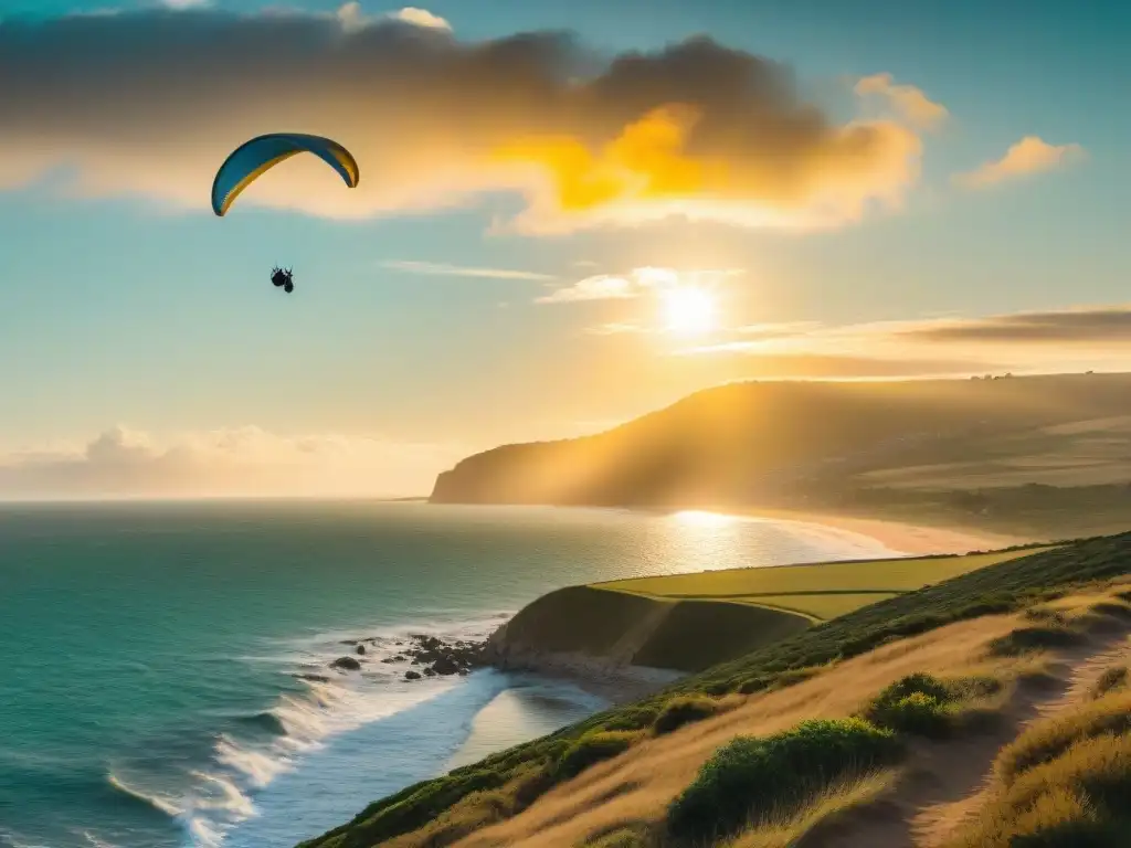 Preparación para parapente en Uruguay: vuelo libre al atardecer sobre la costa, un espectáculo de aventura y libertad