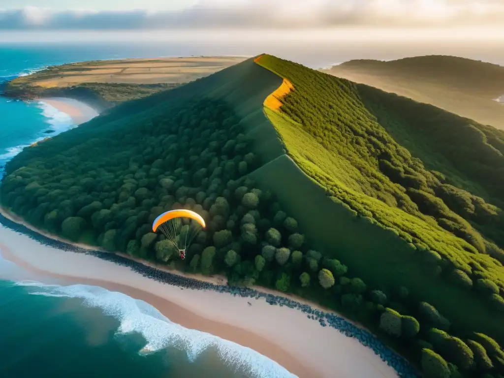 Parapentes surcando el cielo al atardecer en Punta Ballena, uno de los mejores sitios para parapente en Uruguay