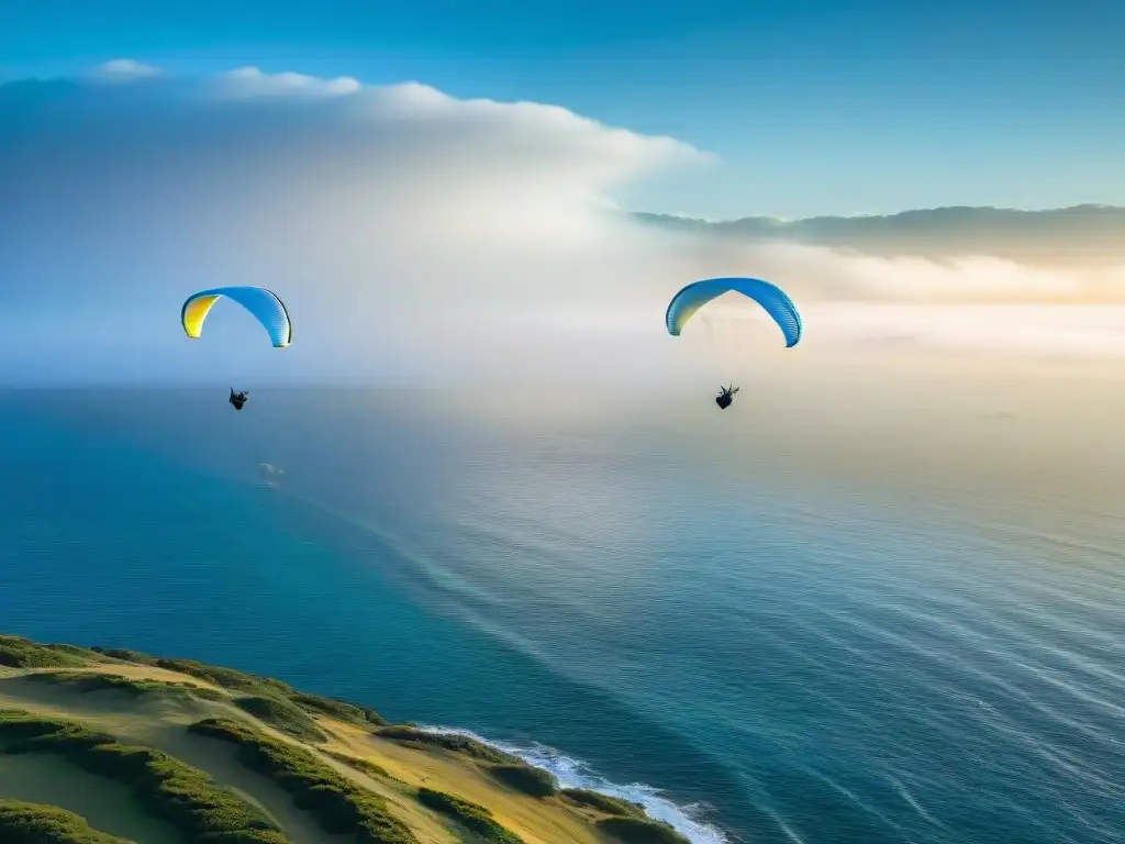 Parapentes en Punta del Este: vuelo dorado al atardecer Parapentes surcando el cielo sobre la costa de Punta del Este al atardecer en Uruguay