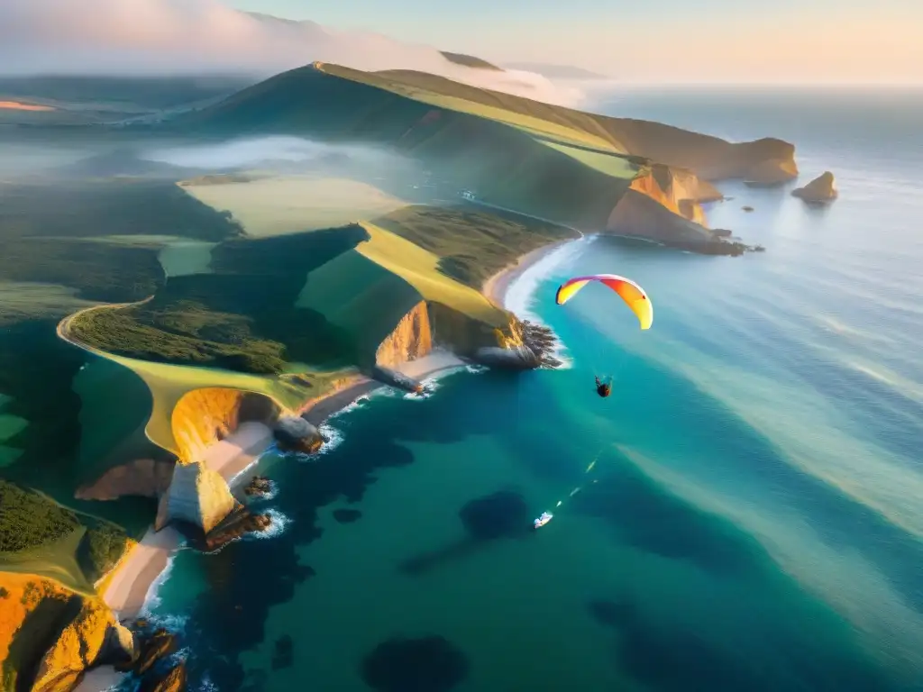 Vuelo en parapente sobre la costa de Punta Ballena en Uruguay Parapentes surcando el cielo sobre la costa de Punta Ballena en Uruguay al atardecer