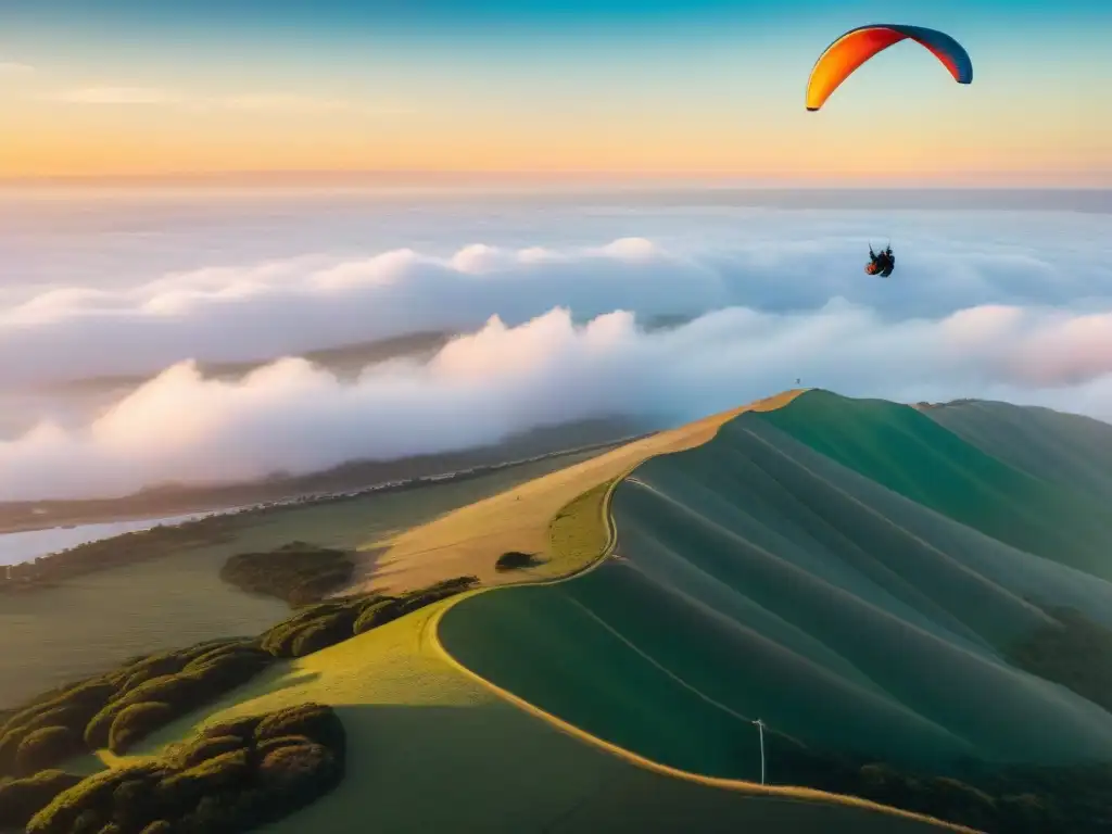 Parapentes surcando el cielo dorado sobre Punta Ballena en Uruguay, reflejando la emoción y libertad del parapente en Uruguay