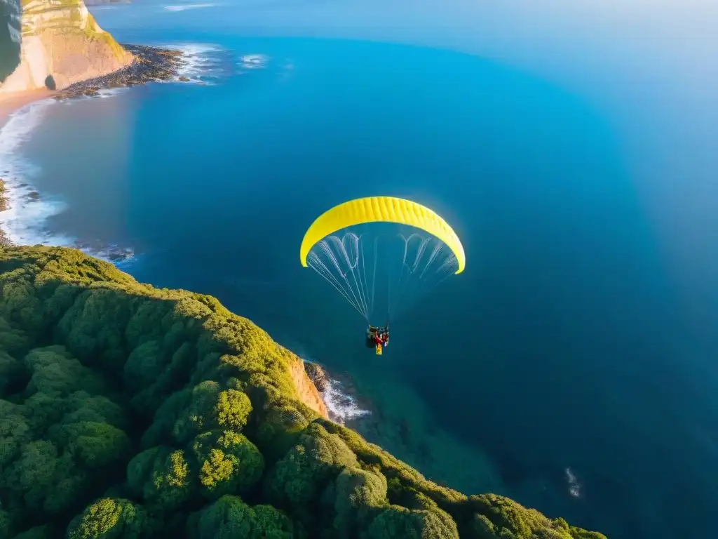 Parapentes sobre acantilados de Punta Ballena: un vuelo mágico al atardecer Parapentes surcando cielos sobre acantilados en Punta Ballena, Uruguay