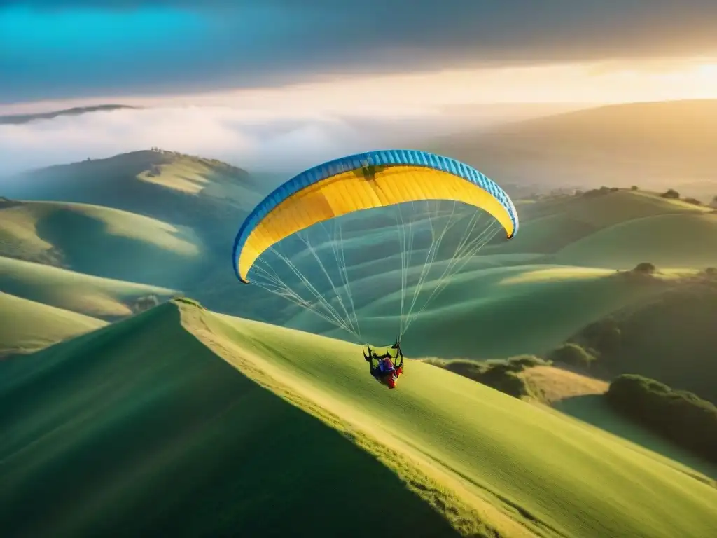 Parapentes en Uruguay experiencias auténticas: Parapentistas volando sobre colinas verdes al atardecer, con el sol dorado de fondo