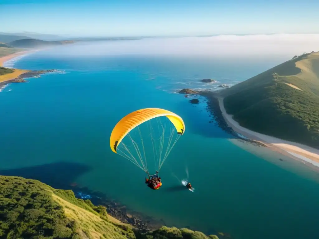 Parapentes sostenibles en Uruguay surcan cielos verdes sobre el mar, en armonía con la naturaleza