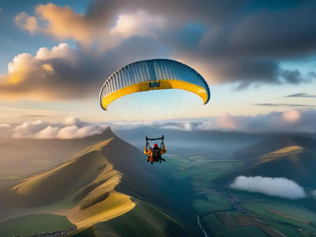 Un parapentista concentrado controla las cuerdas al atardecer, con un cielo dramático