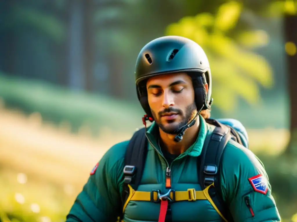 Parapentista concentrado en la preparación mental para aventura de parapente en Uruguay, rodeado de naturaleza serena