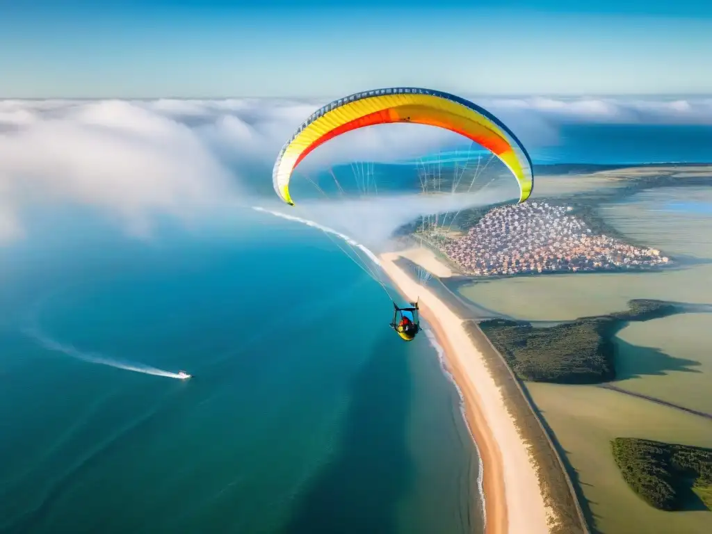 Un parapentista disfruta de la libertad y la emoción sobre la costa de Punta del Este en Uruguay