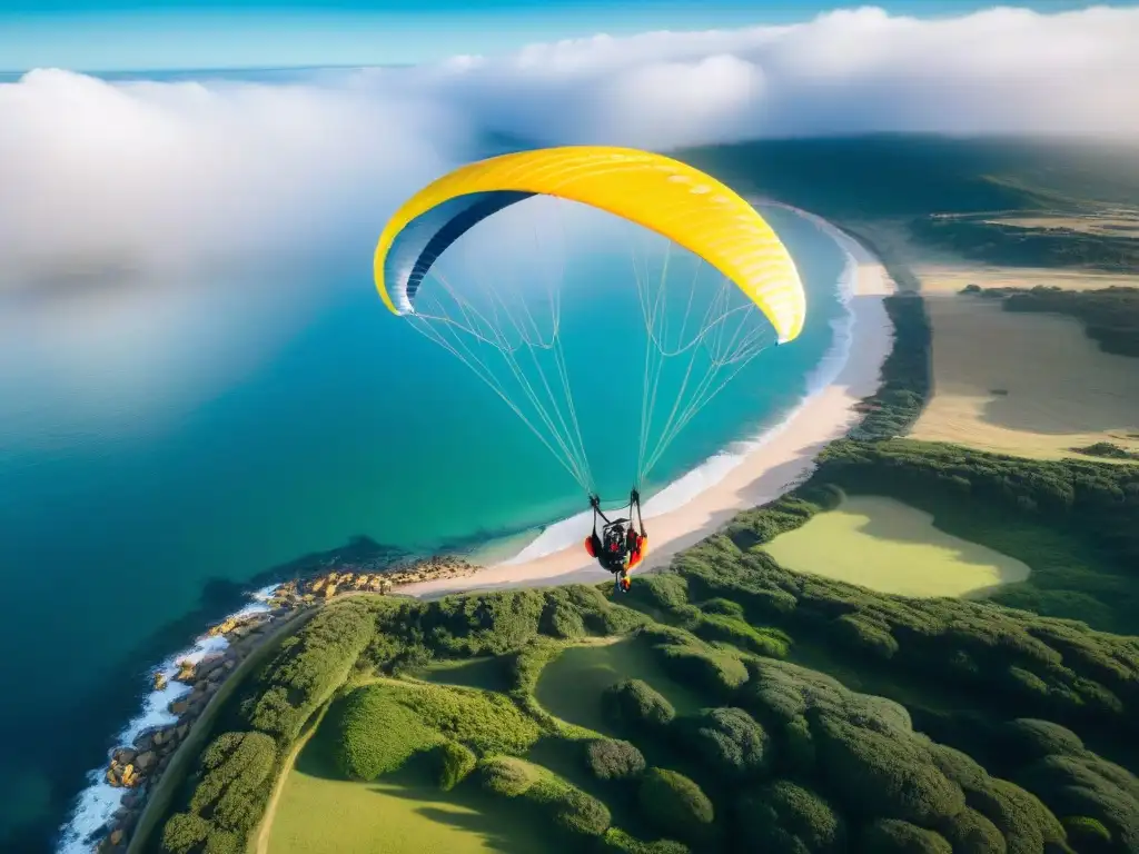 Un parapentista en pleno vuelo sobre Punta Ballena, Uruguay, disfrutando de las impresionantes vistas