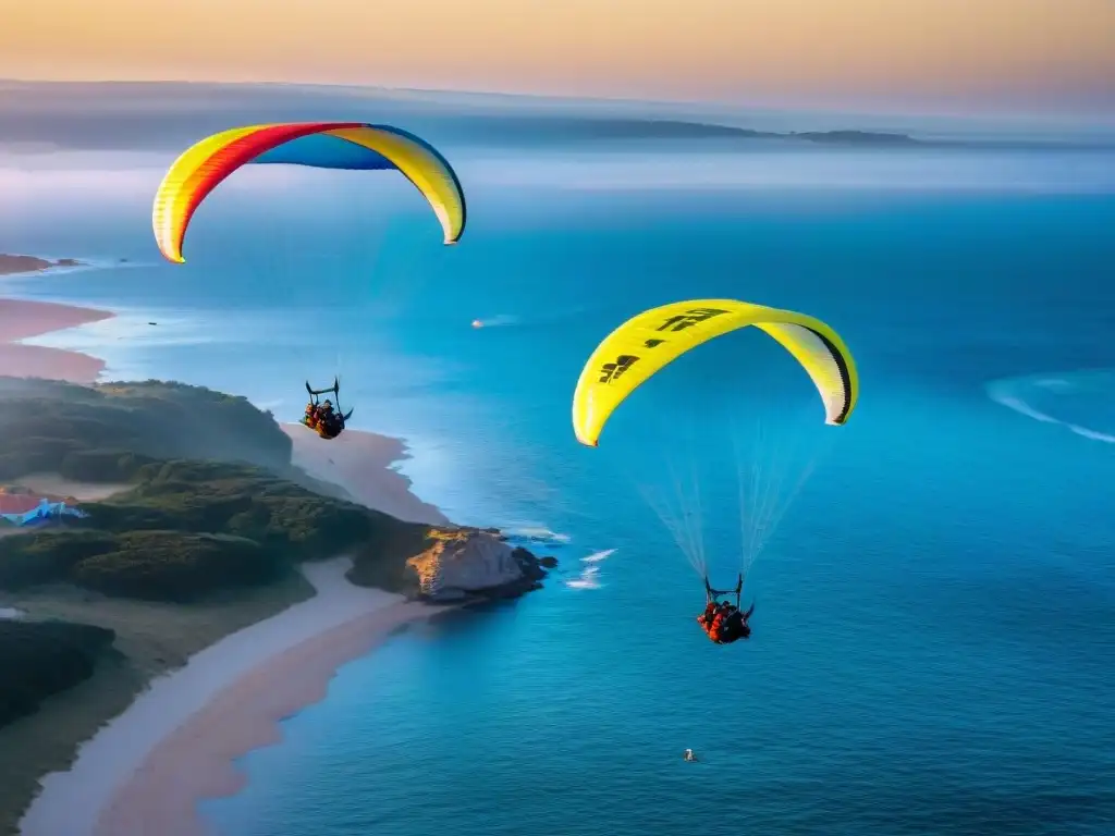 Parapentistas en el atardecer dorado de Punta del Este, Uruguay