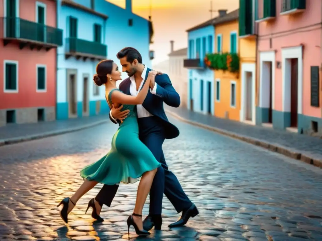 Una pareja apasionada bailando tango al atardecer en las calles empedradas de Colonia del Sacramento, con edificios históricos y cielo colorido de fondo, capturando la esencia de la cultura del tango en Uruguay