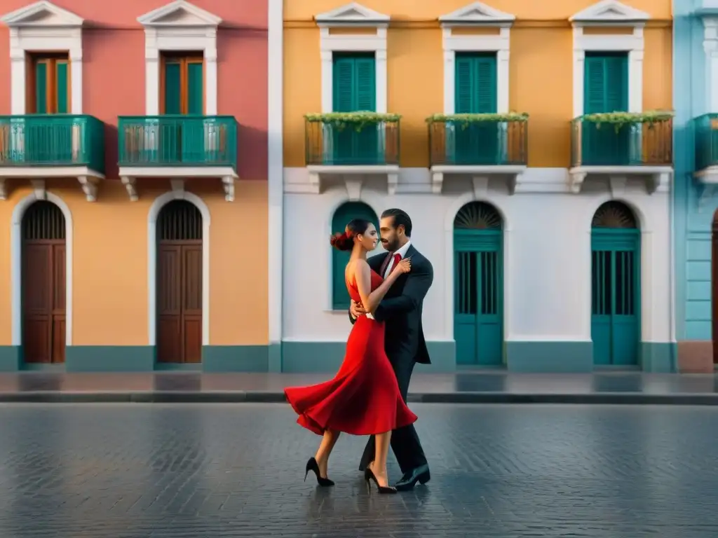 Una pareja apasionada bailando tango en las calles de Montevideo, rodeados de edificios históricos