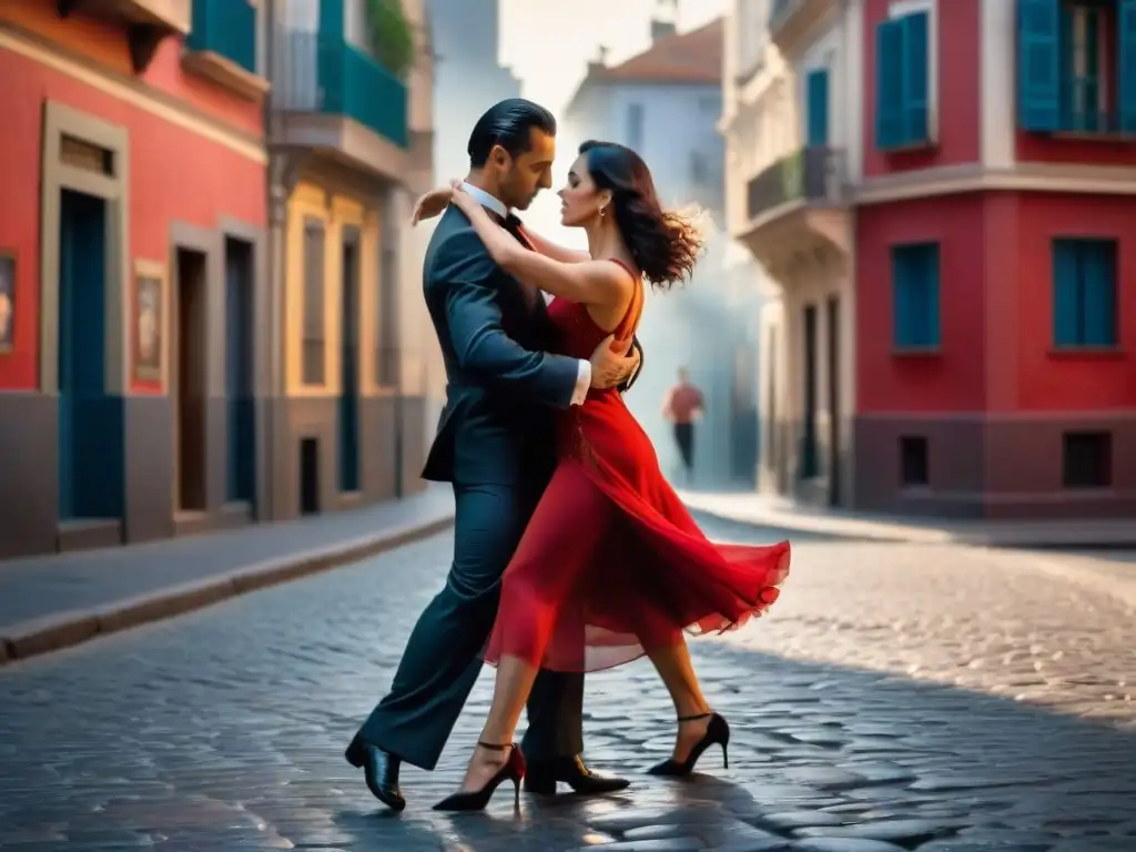 Una pareja apasionada baila tango en las calles de Montevideo, rodeados de edificios históricos y murales desgastados que narran la historia del tango