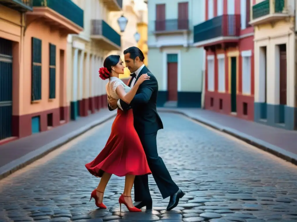 Una pareja apasionada de tango bailando en las calles de Montevideo al anochecer, iluminados por farolas vintage