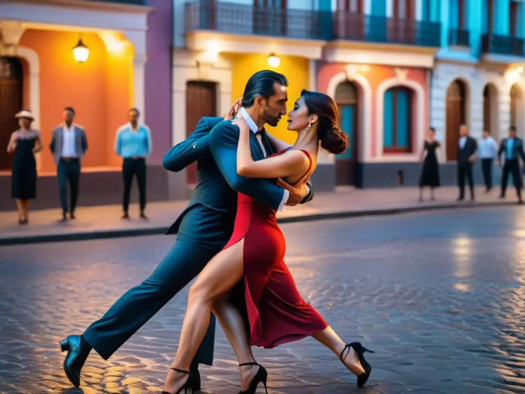 Una pareja apasionada de tango bailando en las calles de Montevideo, rodeados de edificios históricos