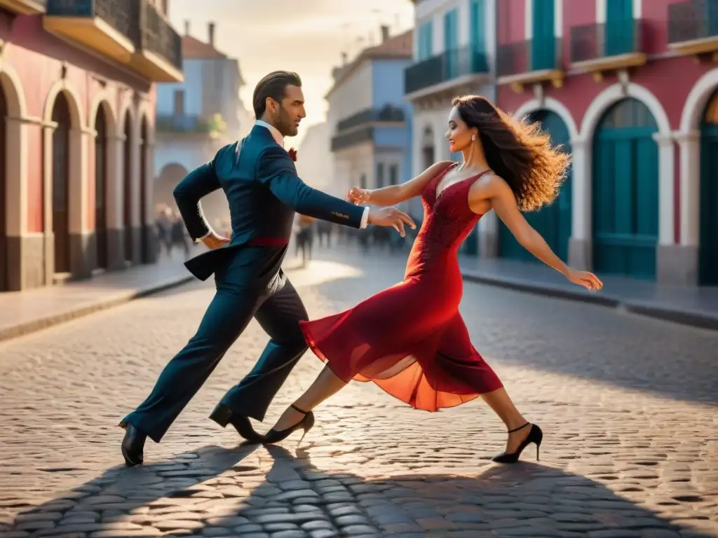 Una pareja apasionada bailando Tango en las calles de Montevideo, Uruguay, con el Río de la Plata de fondo