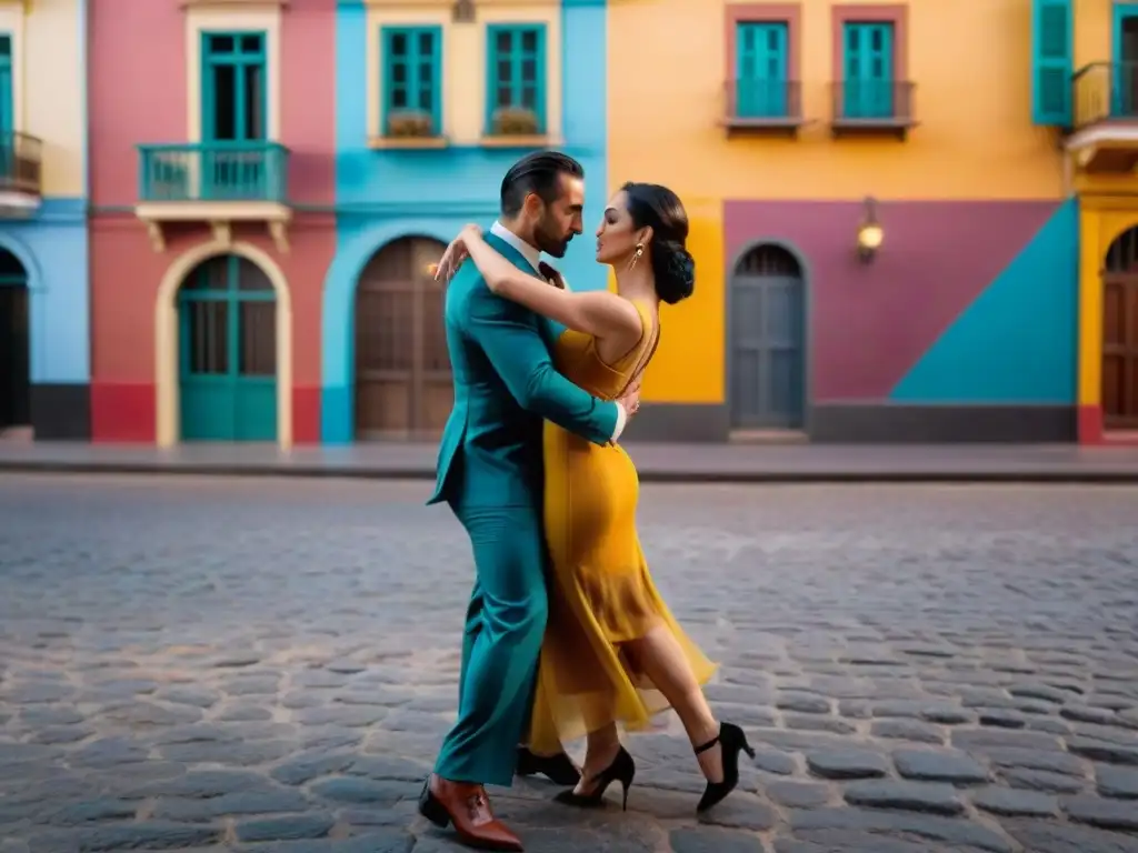 Una pareja de bailarines de tango apasionados en las calles de Montevideo, Uruguay, rodeados de arte urbano y arquitectura colonial