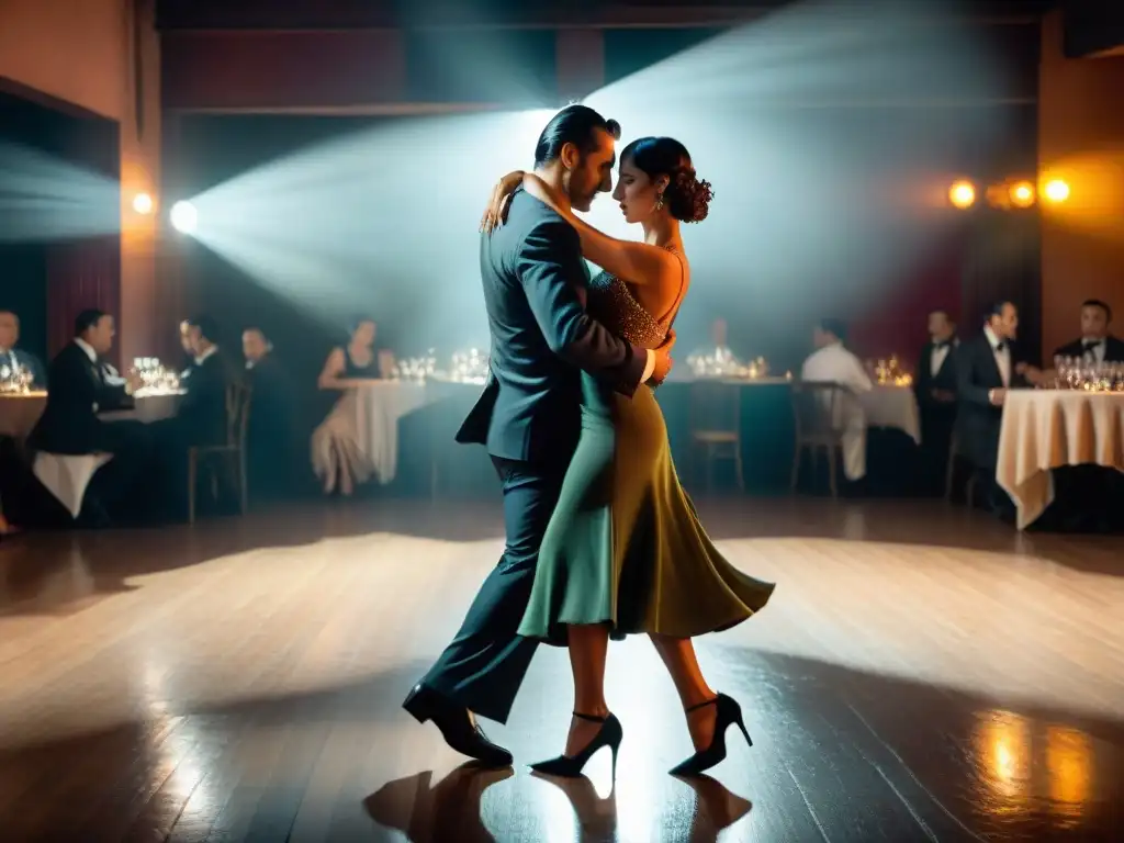 Una pareja de bailarines de tango se abraza apasionadamente en un club de Montevideo, Uruguay, evocando la historia del tango en Uruguay