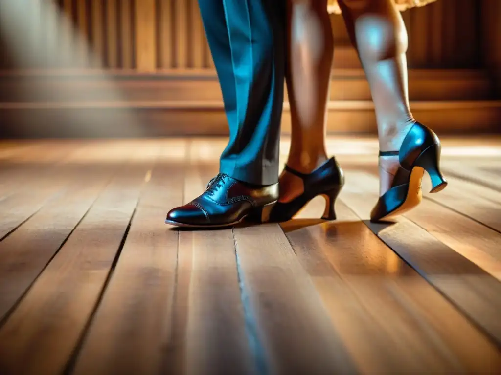 Pareja de bailarines de tango uruguayo en movimiento, capturando la elegancia de sus pasos en una pista de baile de madera desgastada