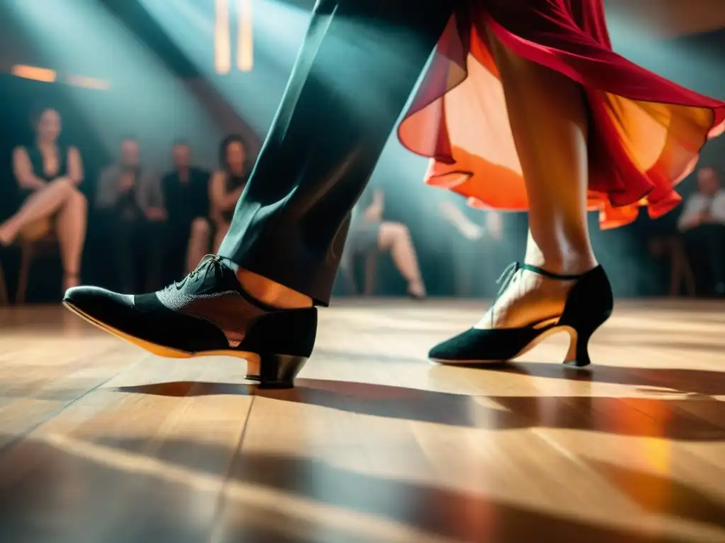 Pareja de bailarines de tango uruguayo en una apasionada actuación, mostrando precisión y conexión