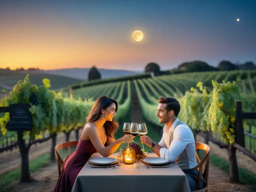 Una pareja disfrutando de una cena romántica en una bodega en Uruguay bajo la luz de la luna