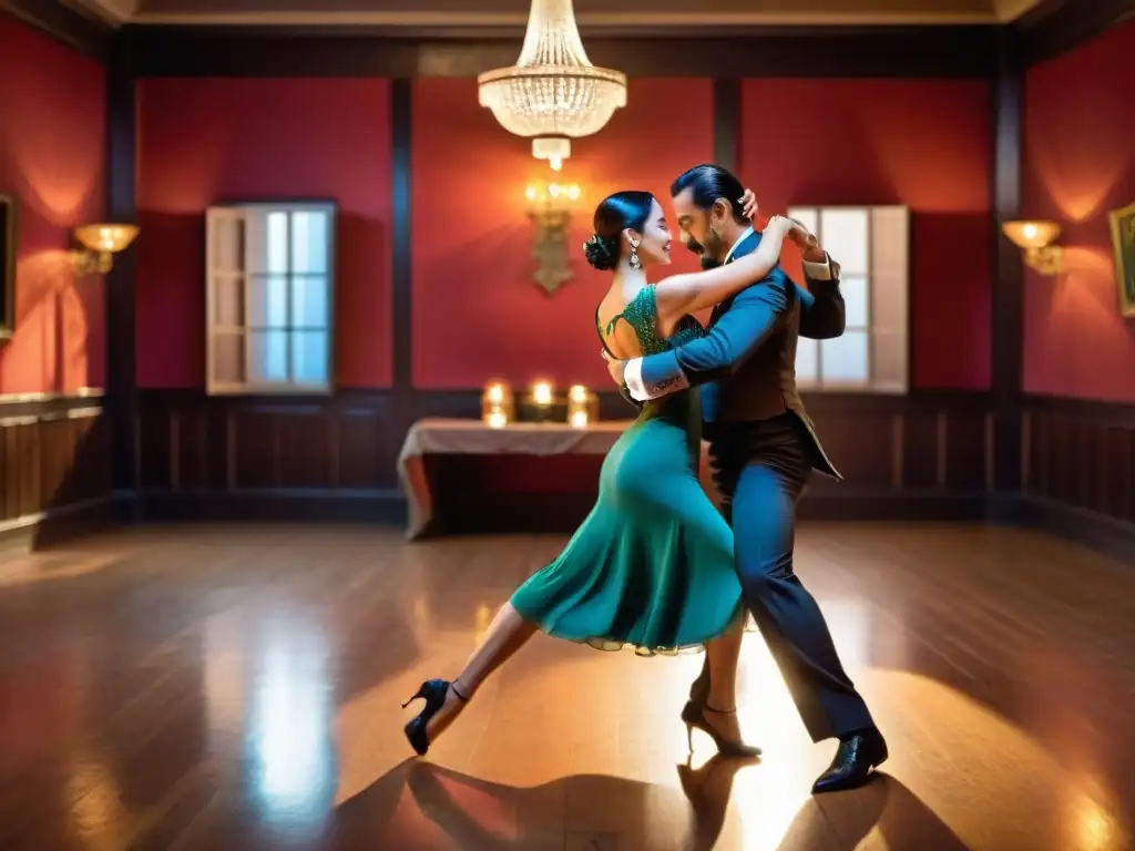 Una pareja en clase privada de tango en Montevideo, guiados por un instructor profesional en un elegante estudio de baile