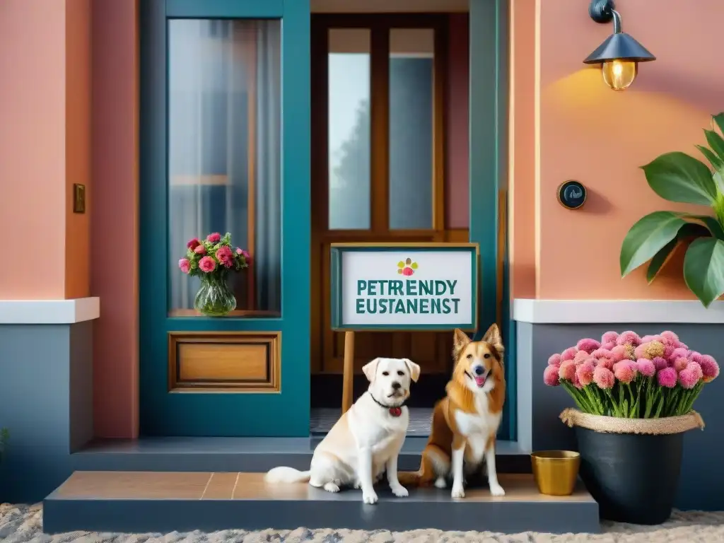 Una pareja feliz y su perro en un hotel boutique petfriendly en Uruguay, disfrutando de una cálida bienvenida entre flores coloridas