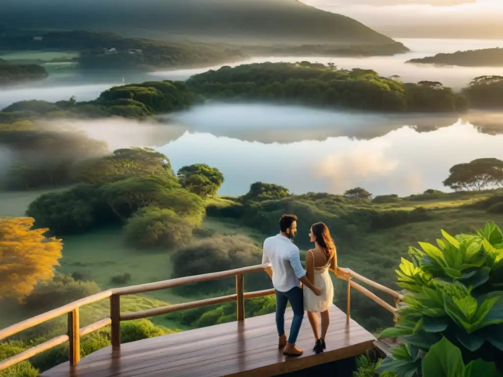 Una pareja feliz se abraza en el porche de una cabaña ecológica en Uruguay, rodeada de naturaleza y un lago al atardecer