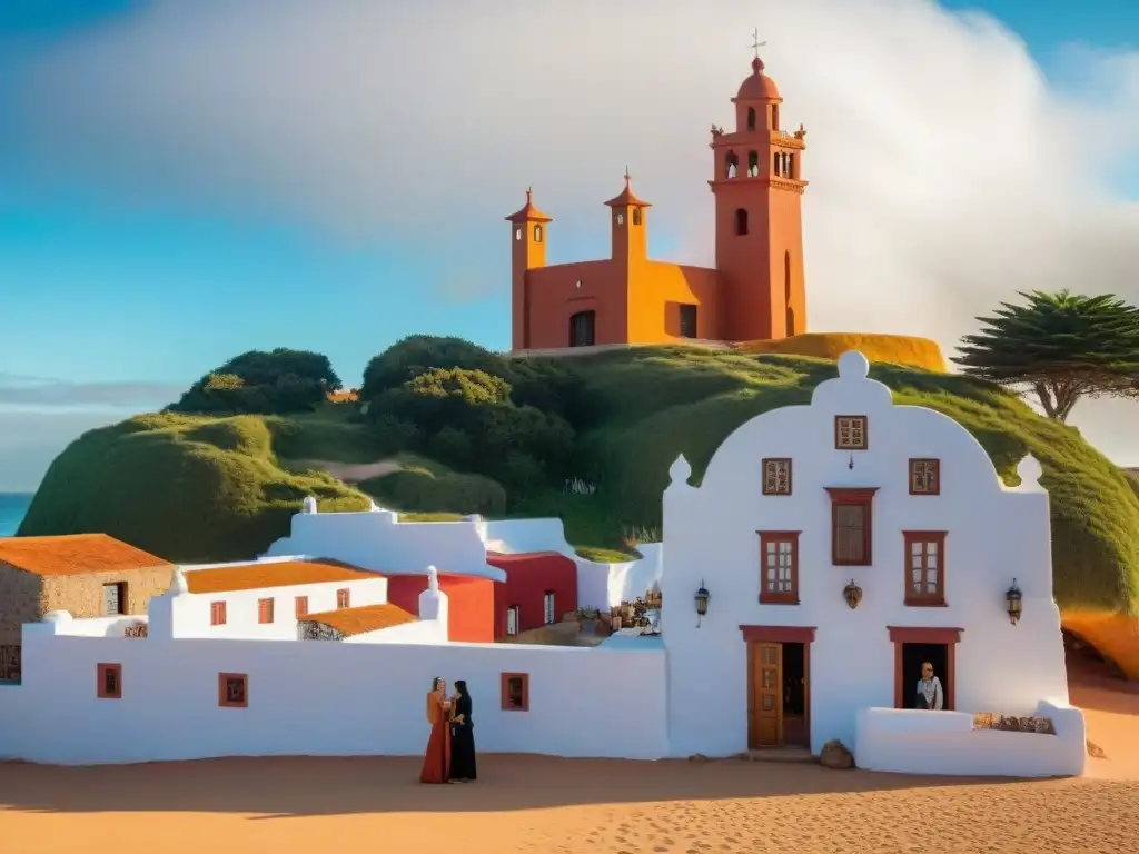 Una pareja joven toma fotos frente a Casapueblo en Punta del Este al atardecer