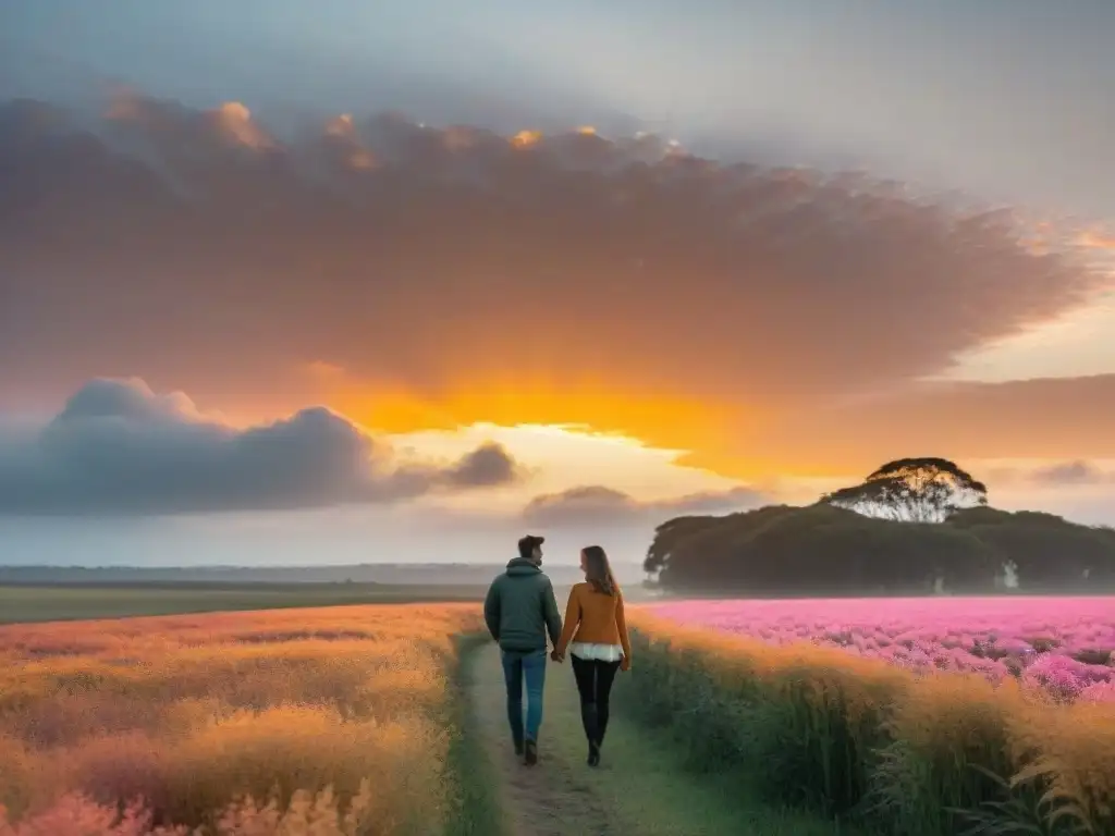 Una pareja camina de la mano hacia el horizonte en un atardecer dorado en Uruguay