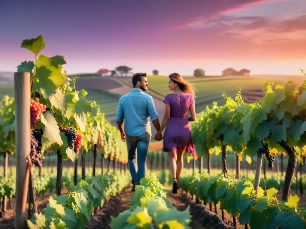 Pareja romántica paseando al atardecer en viñedo uruguayo