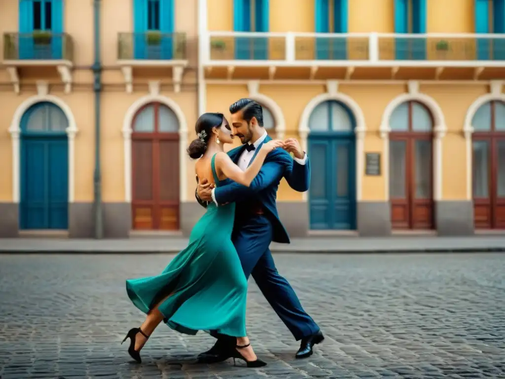 Pareja bailando tango en calles empedradas de Montevideo, Uruguay, rodeados de edificios históricos