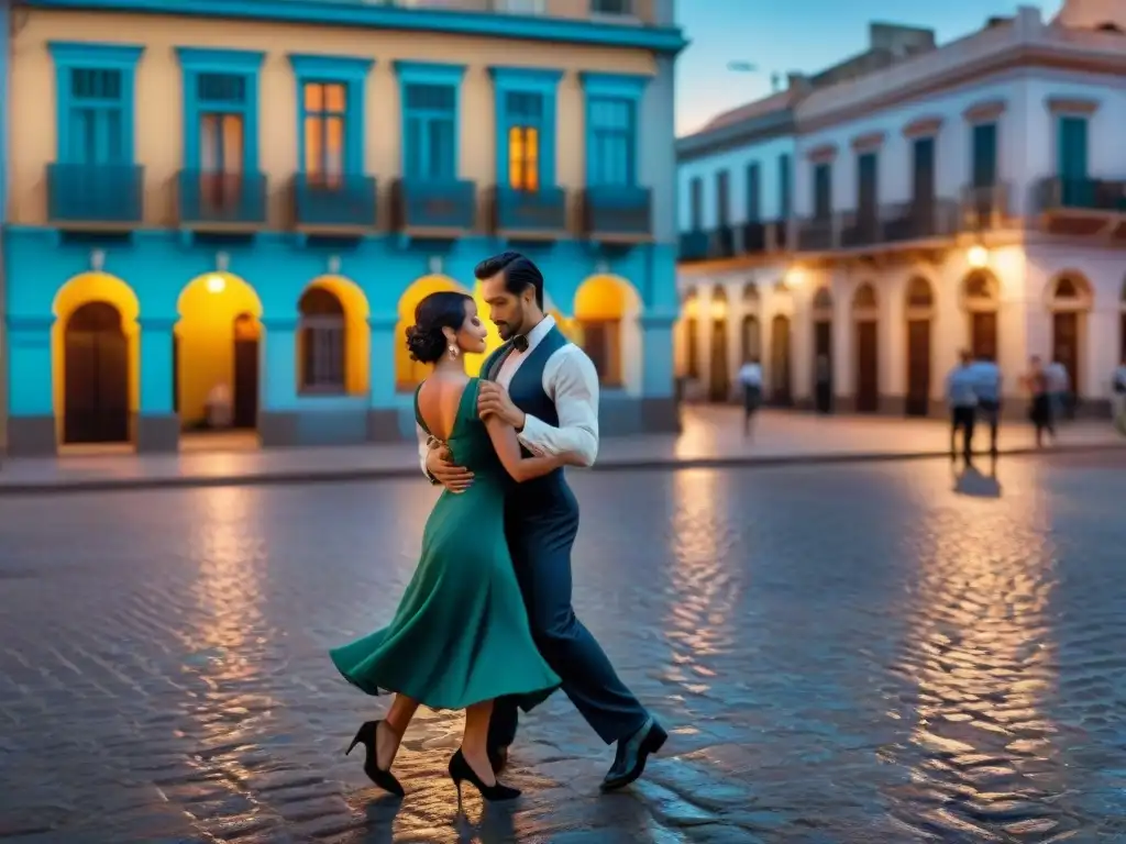 Una pareja bailando tango apasionadamente en las calles empedradas de Montevideo al atardecer, capturando la esencia del turismo cultural en Uruguay