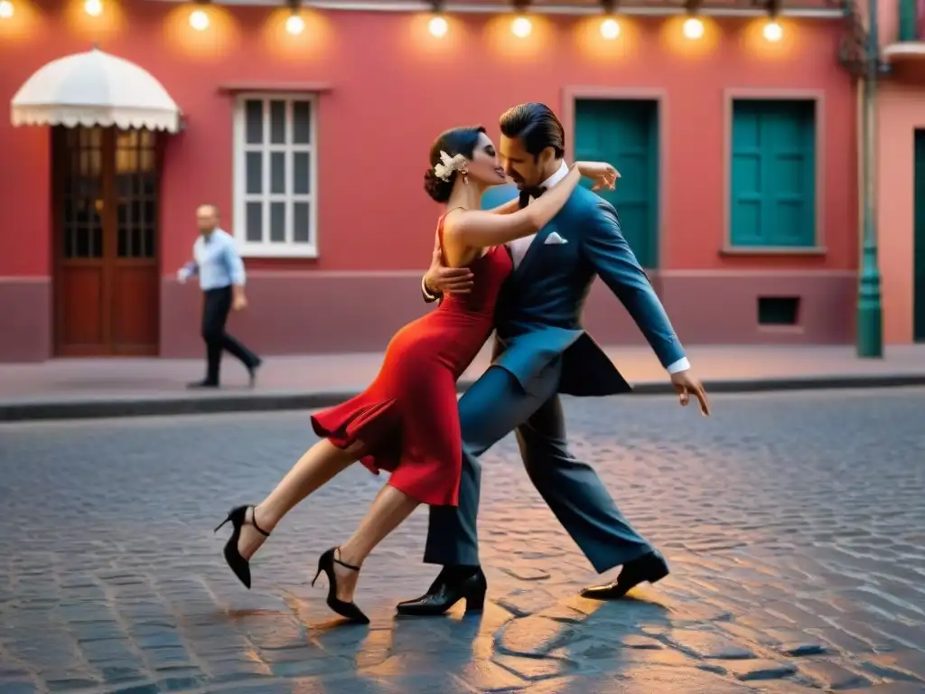 Una pareja baila apasionadamente tango en las calles empedradas de Montevideo, Uruguay, iluminados por farolas al anochecer