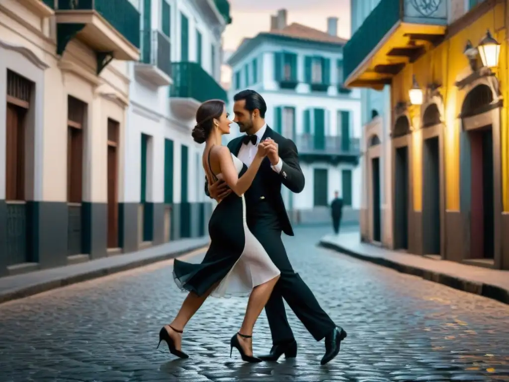 Una pareja bailando tango en las calles de Montevideo, capturando la pasión y romance de la danza