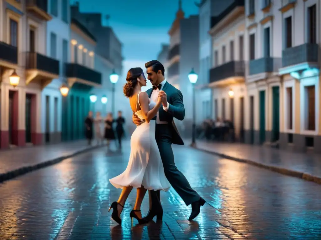 Una pareja bailando apasionadamente tango en calles de Montevideo