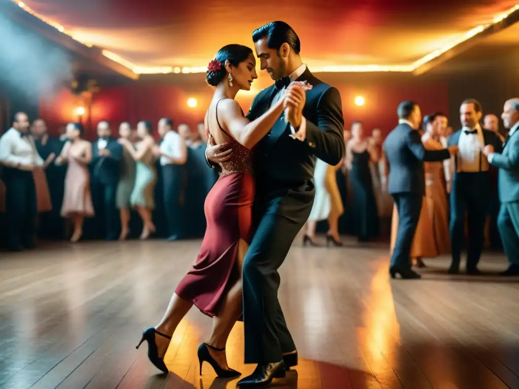 Pareja bailando tango en una milonga tradicional de Uruguay, reflejando la pasión y la intimidad de la cultura del tango uruguayo