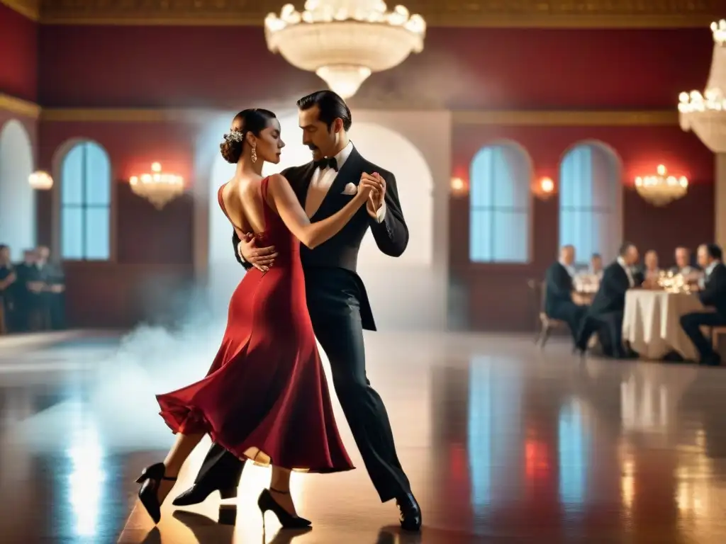 Una pareja bailando tango con pasión en el Museo del Tango Uruguay, ataviados con trajes tradicionales en un elegante salón de baile