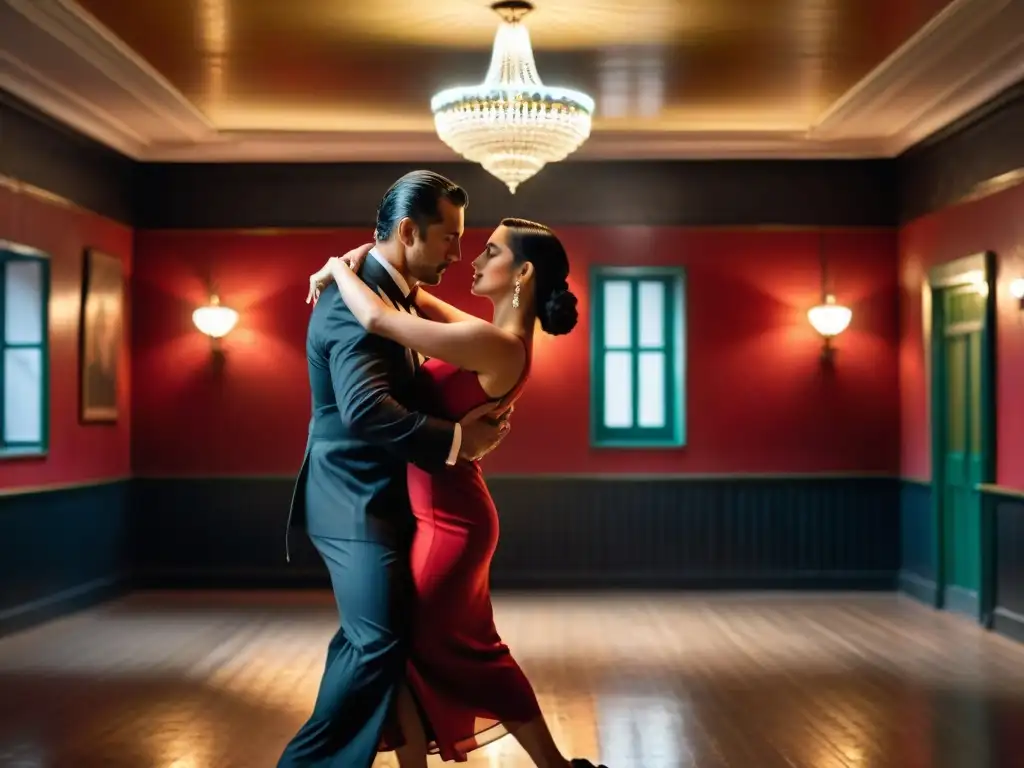 Una pareja bailando tango uruguayo en un salón de baile de Montevideo, envueltos en pasión y elegancia