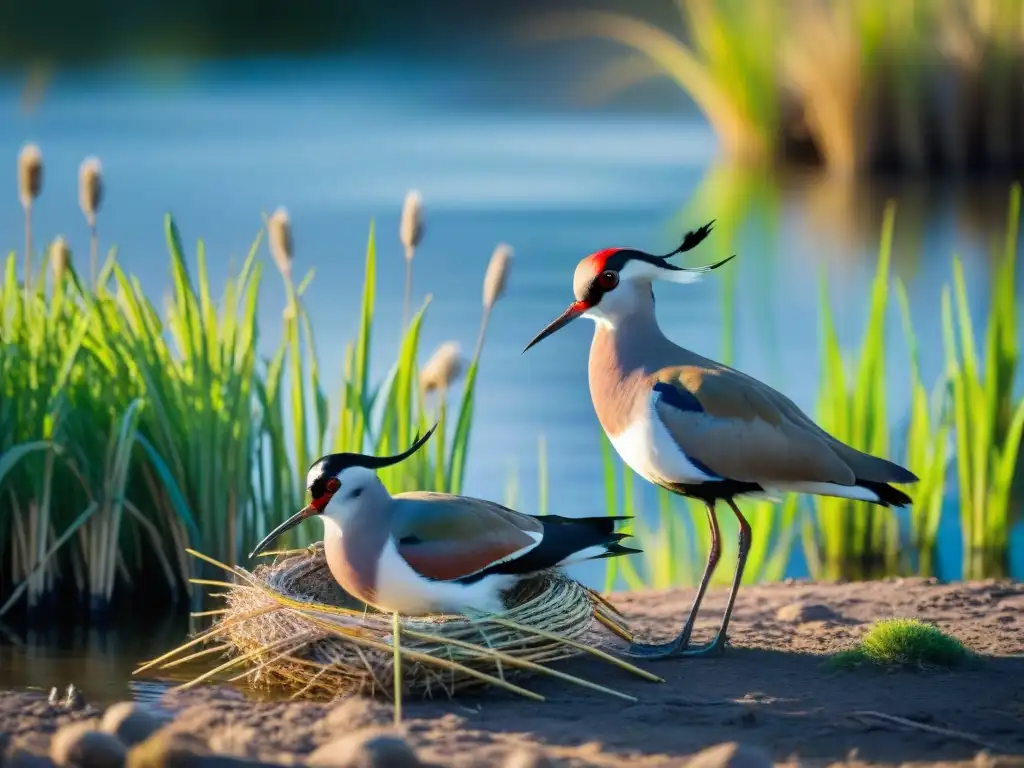 Pareja de Teros cuidando su nido entre cañas verdes en un humedal tranquilo de Uruguay