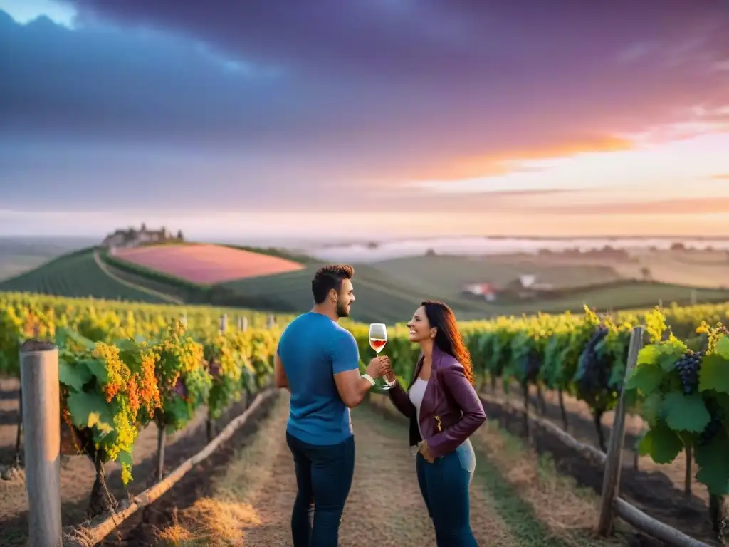 Pareja brinda entre viñedos al atardecer en una de las mejores bodegas de Uruguay, creando un momento único