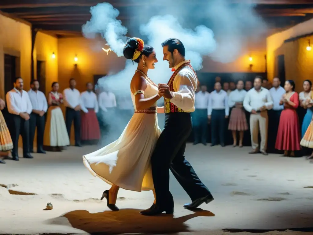 Pareja bailando la Zamba uruguaya con pasión y tradición en atuendos folclóricos