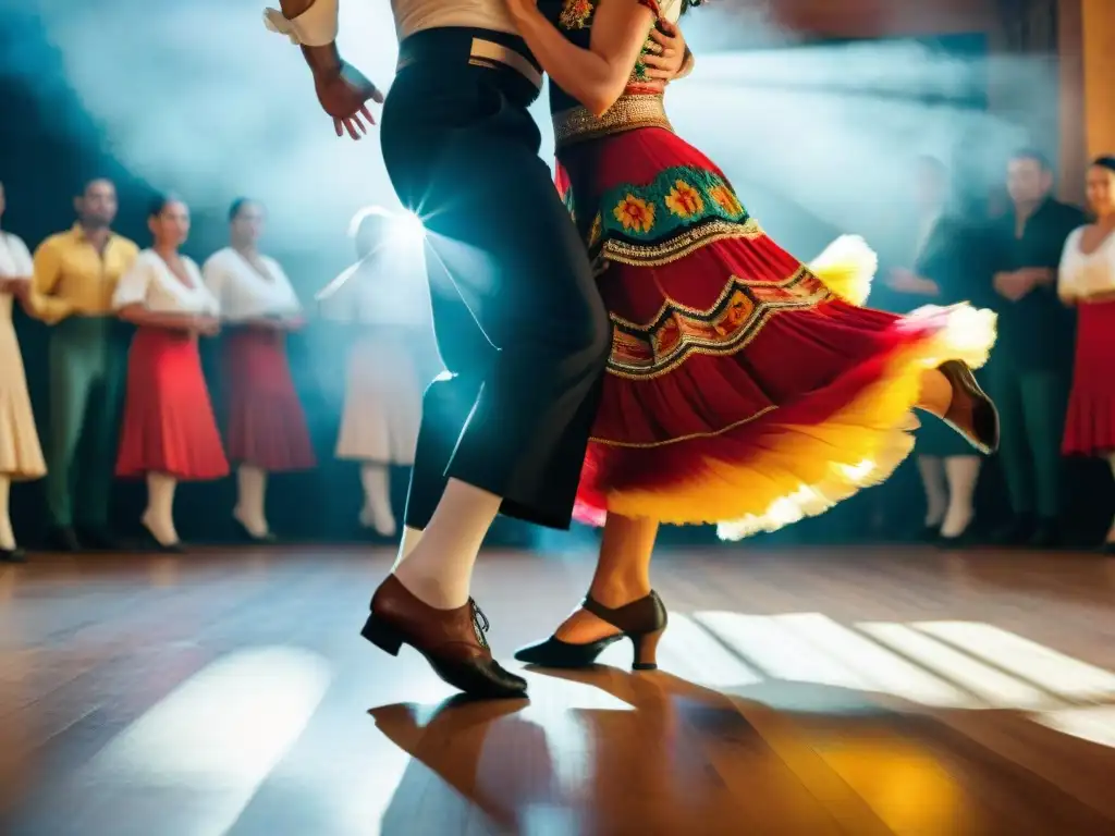 Pareja bailando la Zamba uruguaya con gracia y precisión, resaltando la riqueza cultural y tradición del baile