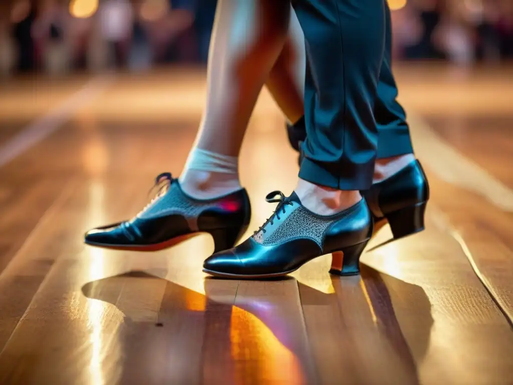 Parejas de bailarines de tango mostrando beneficios terapéuticos del candombe con pasos elegantes sobre piso de madera desgastado