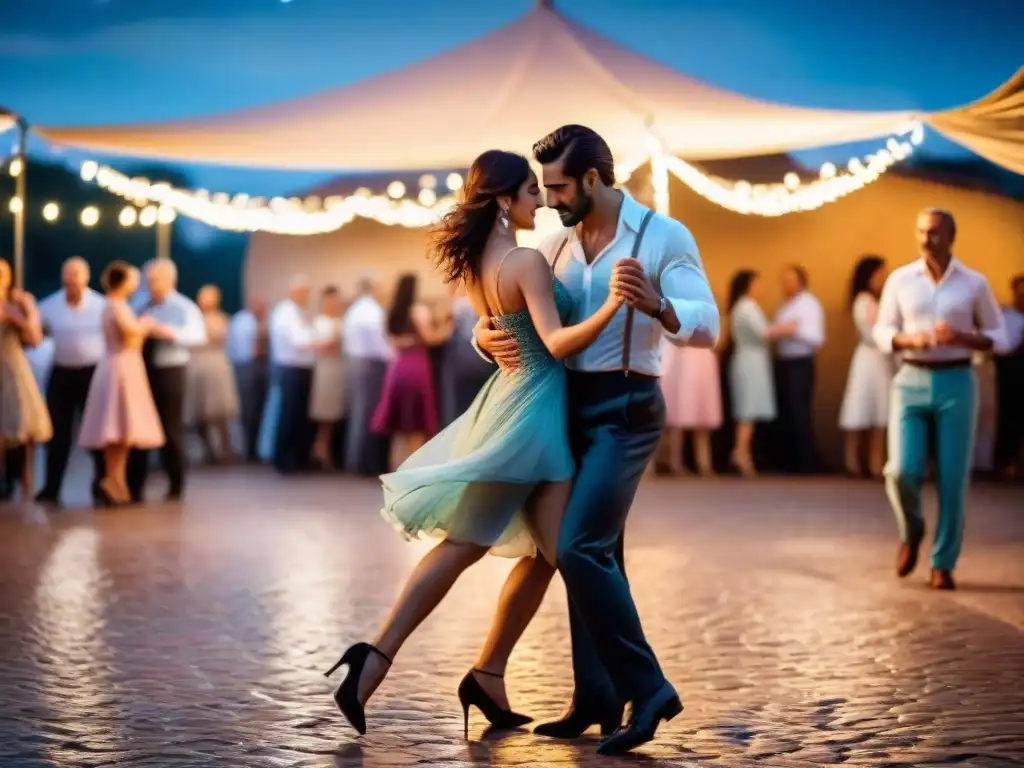 Parejas bailando milonga bajo estrellas en Uruguay