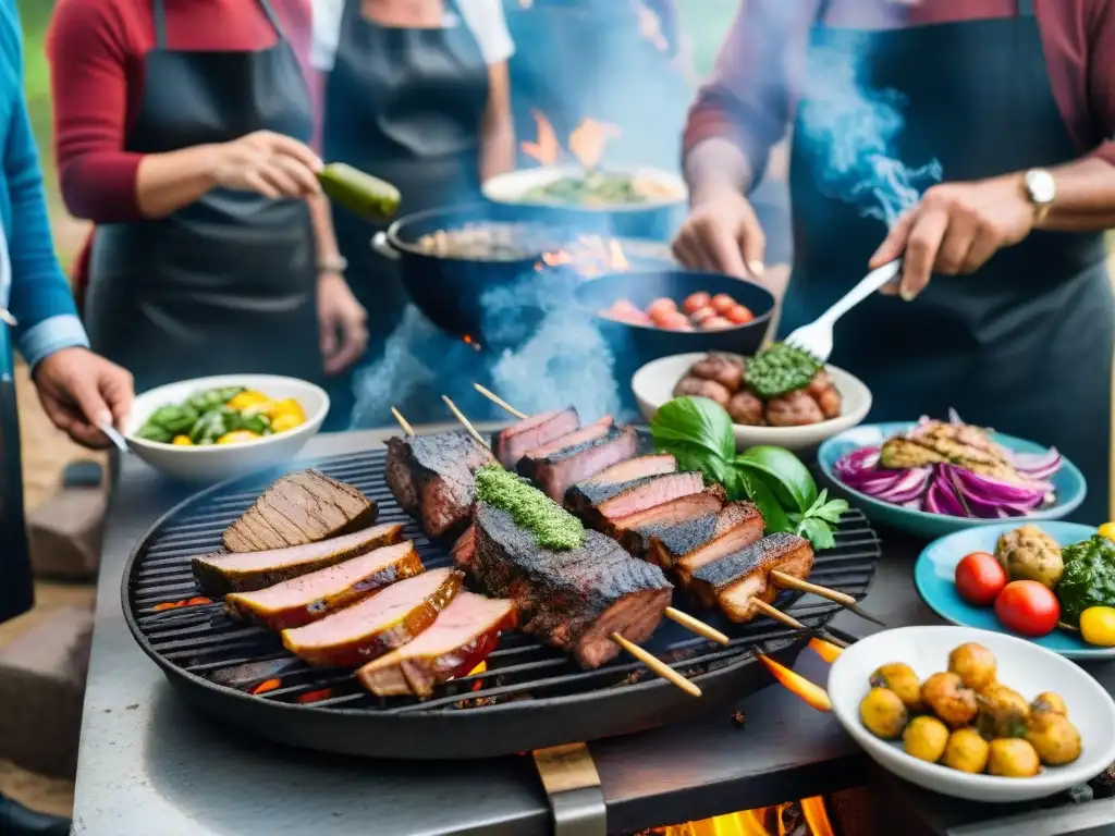 Una parillada tradicional uruguaya en progreso, con variedad de carnes a la parrilla, chimichurri y locales compartiendo en Uruguay